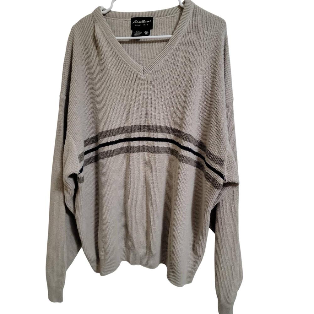 Eddie Bauer Beige V-Neck Striped Sweater Mens XXL Long Sleeves Top